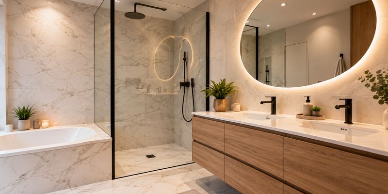 Salle de bain rénovée avec miroir rétroéclairé