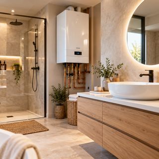 Salle de bain rénovée avec chaudière murale installée