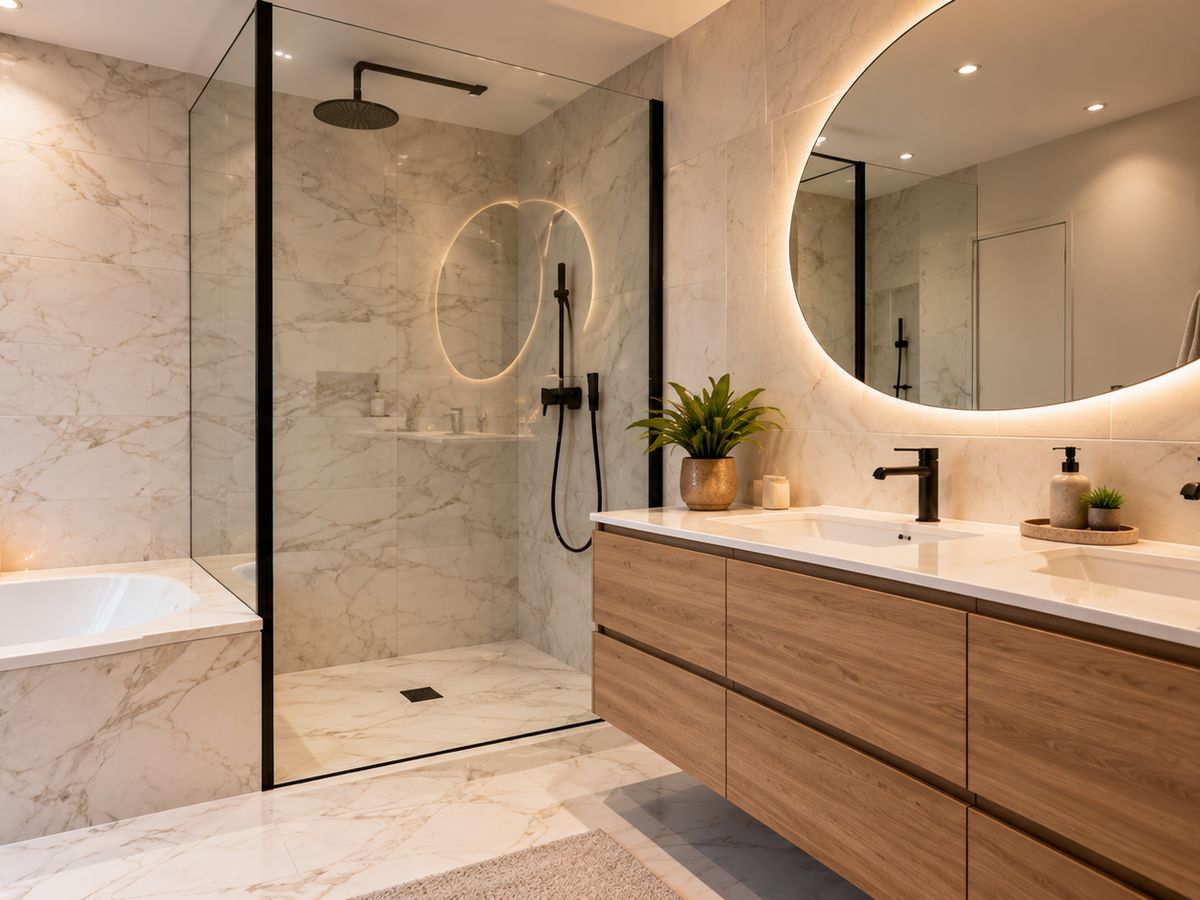 Salle de bain moderne rénovée avec douche à l’italienne et meuble vasque